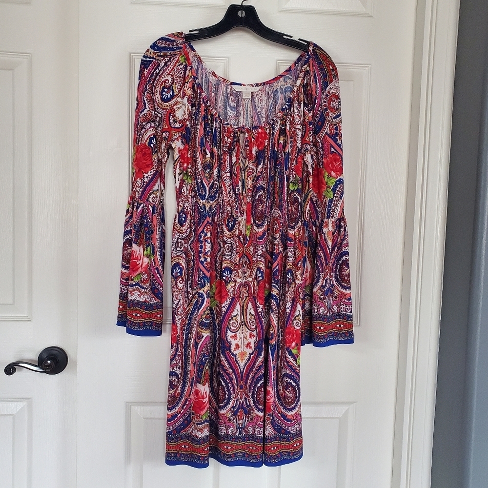 Boston Proper Paisley Multicolor Dress Long Bell Sleeves Bohemian Smocked Waist